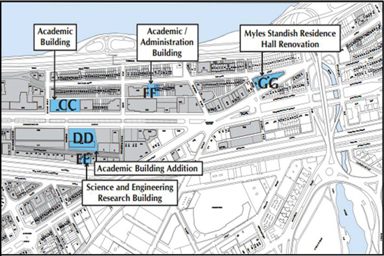 BU Institutional Masterplan Map 2 BU’s Institutional Master Plan outlines a series of major projects, from academic buildings to student housing to pedestrian malls. Image courtesy of Boston Redevelopment Authority