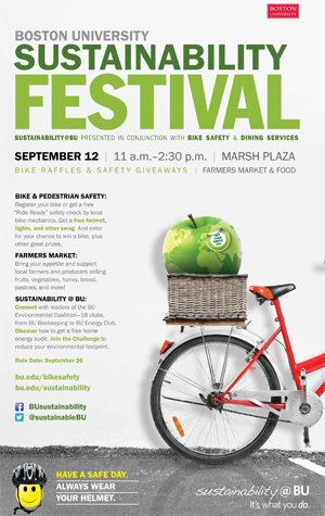 Sustainability Festival poster Boston University BU, sustainability festival, Marsh Plaza, bike repairs safety tips, Commonwealth Avenue, sustainability@BU, recreation, BU Bikes,