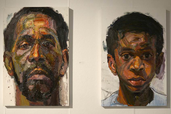 Texas Dad (left) and Rising Son, oil on panel, by Sedrick Huckaby (CFA’97). Photo courtesy of the artist