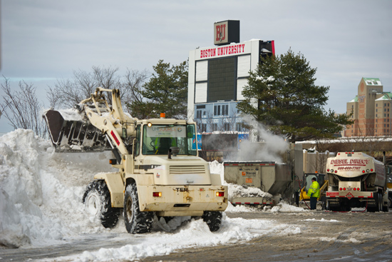 Boston University Facilities Management snow removal crew at Nickerson Field