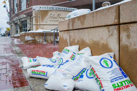 bags of ice melt pellets at Boston Universtiy Charles River Campus