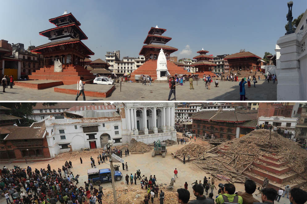 On April 25, 2015, a 7.8 magnitude earthquake struck Nepal, killing thousands. This view shows Kathmandu’s Durbar Square before and after the earthquake, from opposite sides of the plaza.