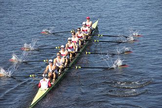 Men's rowing team at Boston University practicing on river