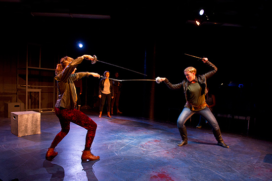 Susanna Young Norris (CFA’14) (from left), Cassandra Grilling (CFA’14), and Francesca Blanchard (CFA’14) in a scene from Femina Shakes’ production of Romeo and Juliet. Photo by Cydney Scott