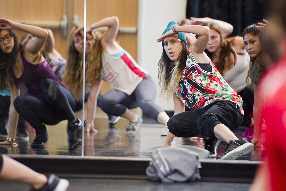 Jennifer Weber, “Outstanding Emerging Choreographer” New York Dance and Performance Award (Bessie) nominee, teaches a hip hop class at FitRec October 6, 2015 during her week in residence. "Keep workin' on your flavor" Weber told her students, "You'll all be amazing" Weber is the artistic director of theatrical hip-hop theatre company, Decadancetheatre. Photo by Cydney Scott