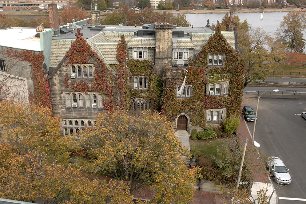 Overhead shot of the Castle on Bay State Road during Fall