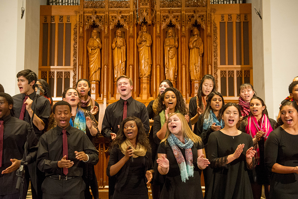 Inner Strength Gospel Choir, made up of both undergrad and graduate BU students, and directed by Herbert S. Jones warm-up for their fall concert November 20, 2015 at Marsh Chapel. Photo by Cydney Scott