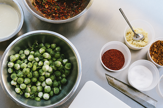 ingredients for baby Brussels sprouts with pebre and migas recipe from Comedor Restaurant in Newton, Massachusetts