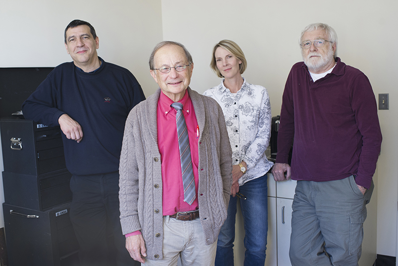 BU Imaging Science Laboratory researchers (from left) Carlos Martinis, Michael Mendillo, Joei Wroten, and Jeffrey Baumgardner. Photo by Jackie Ricciardi