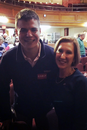 Boston University student Corey Pray with presidential candidate Carly Fiorina