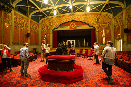 Moore and his students visiting one of the meeting halls at Boston’s Grand Lodge of Masons.