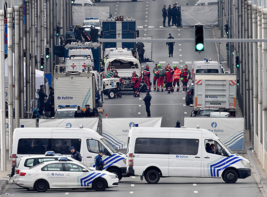 Police and Rescue crews outside Maelbeek Metro Station in Brussels, Belgium after suicide bomber terrorist attacks