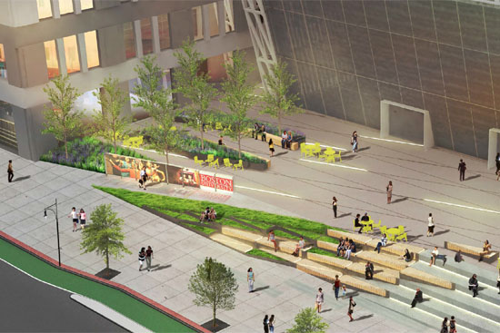 Artistic Rendering of the plaza outside of the new Boston University College of Fine Arts Performance Theater