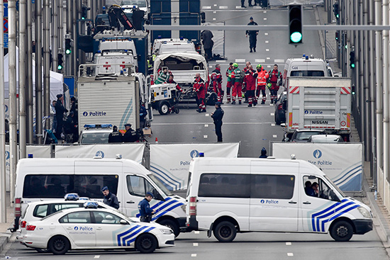 Police and Rescue crews outside Maelbeek Metro Station in Brussels, Belgium after suicide bomber terrorist attacks