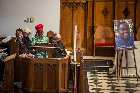 Elizabeth J.A. Siwo-Okundi speaks during a memorial service for Father Vincent Machozi, Catholic priest and humanitarian, who was murdered by soldiers of the Democratic Republic of the Congo