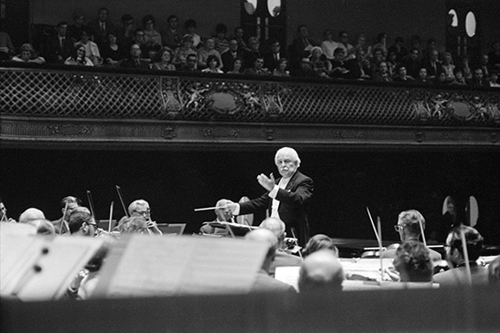Arthur Fiedler conducts during the BU Night at the Pops concert at Symphony Hall on May 15, 1970.