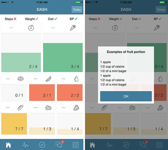 Two screenshots of the DASH Diet app food tracking interface