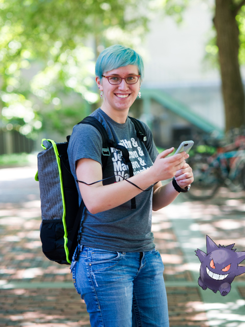 portrait of college student Sarah Scheffler with Pokemon character Gengar