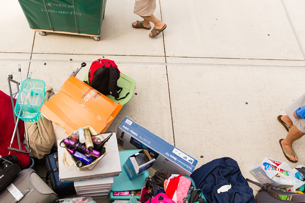 Dorm room essentials on side walk