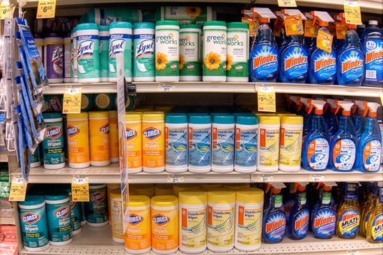 Cleaning supplies on store shelf