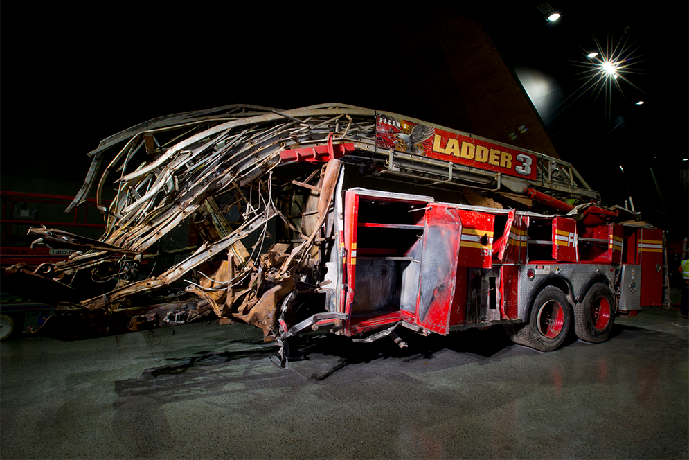 Destroyed truck of FDNY Ladder Company 3 on display at the 9/11 Memorial Museum