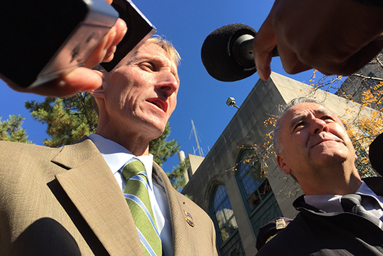 William B. Evans, Boston Police commissioner (left), and Scott Paré, BUPD acting chief, at a press conference Friday morning providing information about the hoax incident. Photo by Joel Brown