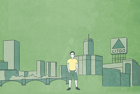 animation of Nathan Chow against Boston skyline