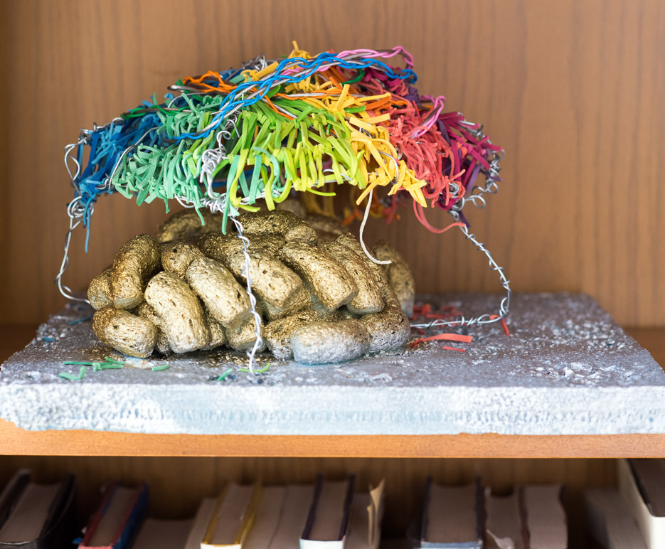 Brain model made of rubber bands in the office of Boston University professor Alice Cronin-Golomb