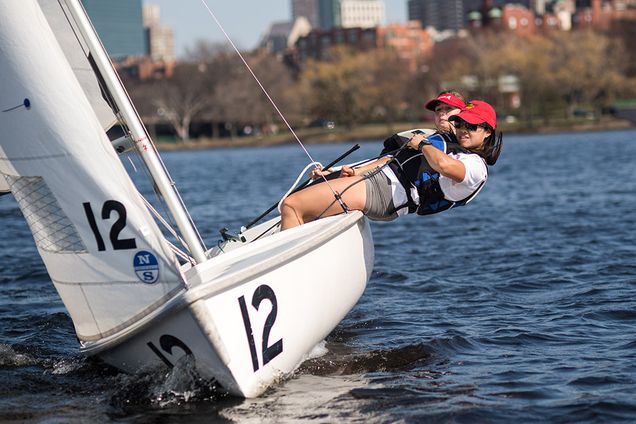 Lydia Grasberger (left), captain of the BU women’s sailing team, and Meri Harrington on the Charles River preparing for the New England Inter-Collegiate Sailing Association Women’s Championship at Brown University this weekend.