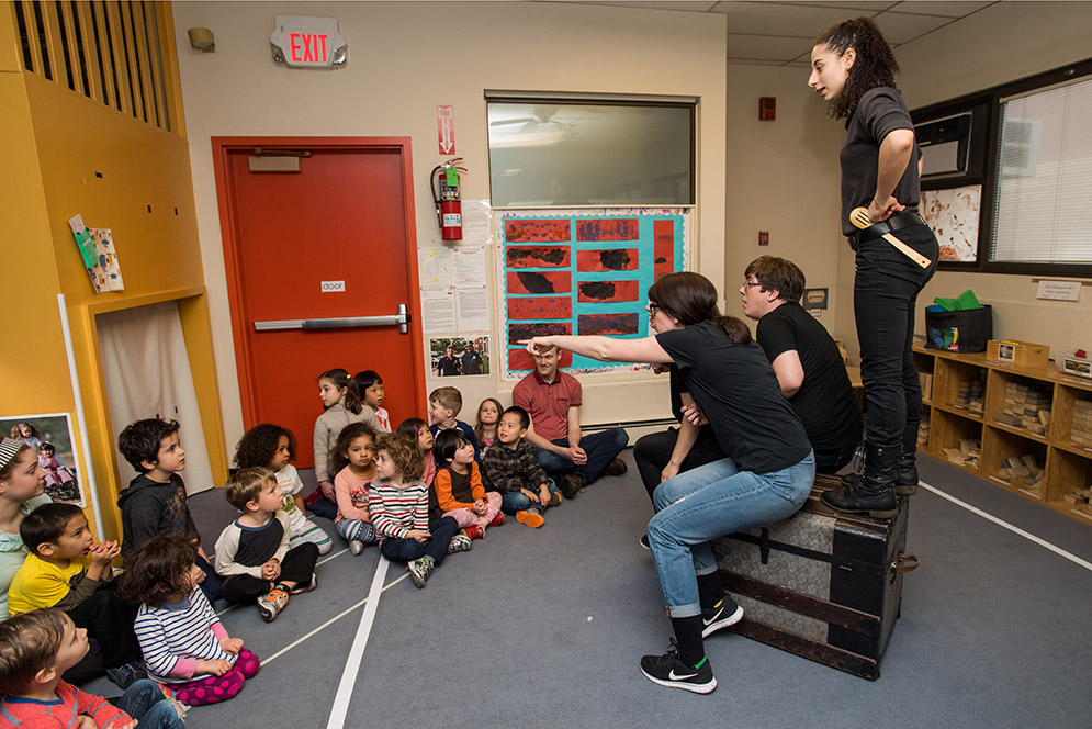 The cast of Bringing Neverland, a minimalist production of J. M. Barrie’s Peter Pan, created by Danielle Taylor, perform for a rapt audience at BU Children’s Center