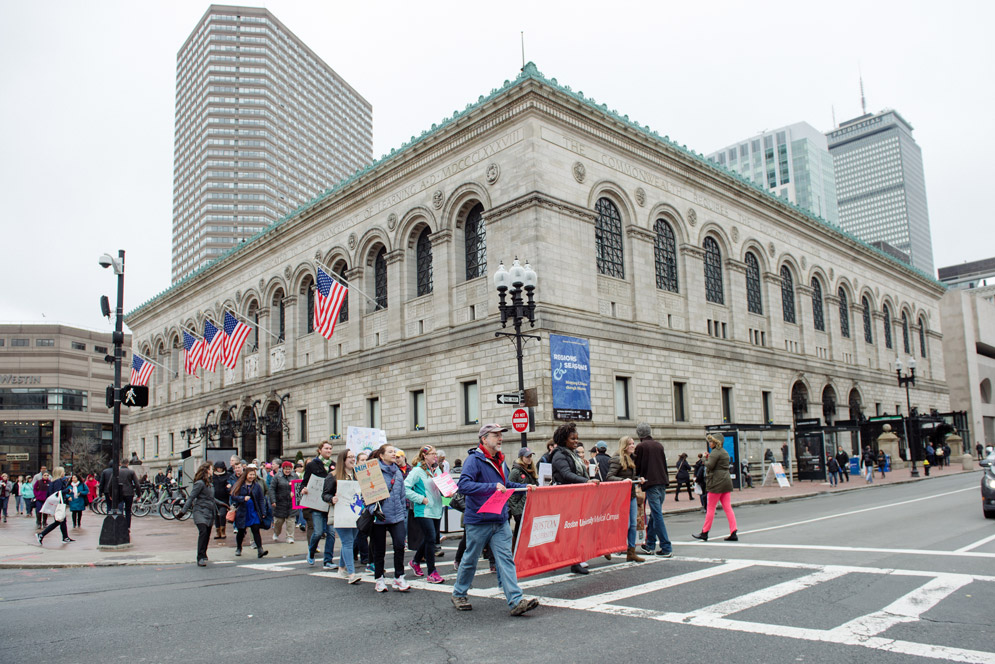 BU Medical Campus protesters marching past Boston Public Library