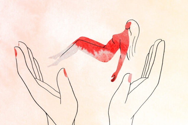 Illustration of hands holding the body of a woman symbolizing the help of patient navigators for underserved women with breast cancer