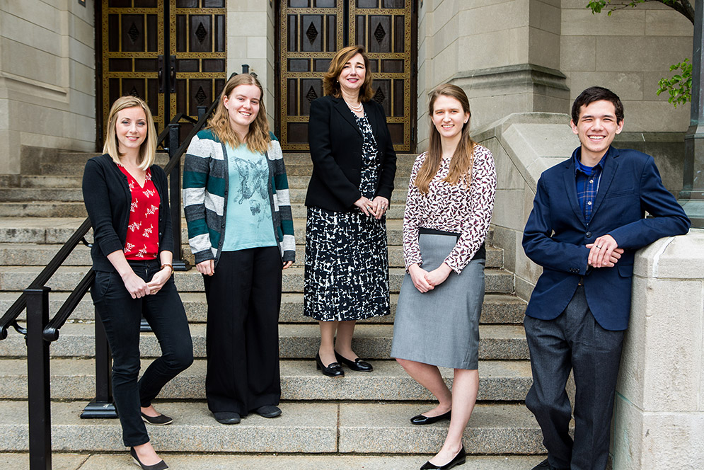 Svea Schreiner, Kasey Schultz, Adrienne Lotoski, Magdalena Buczek, and Ian Quillen on steps of Marsh Chapel