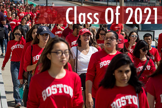 Matriculation of BU students on comm ave in all Red and white