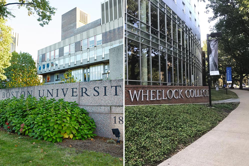 Composite image showing signs at Boston University and Wheelock College