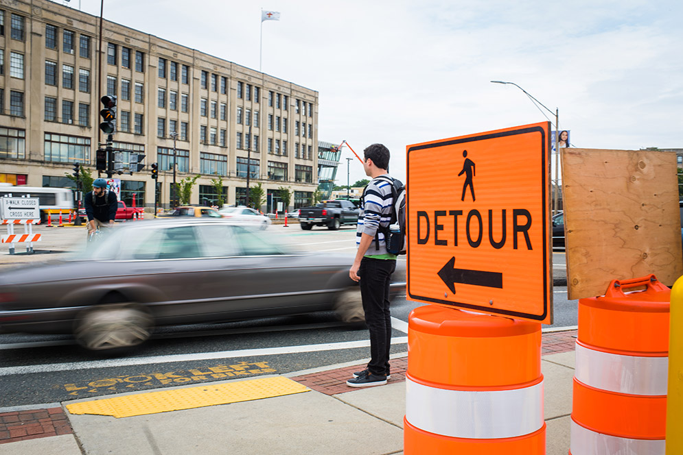 Pedestrian crossing Comm Ave construction area