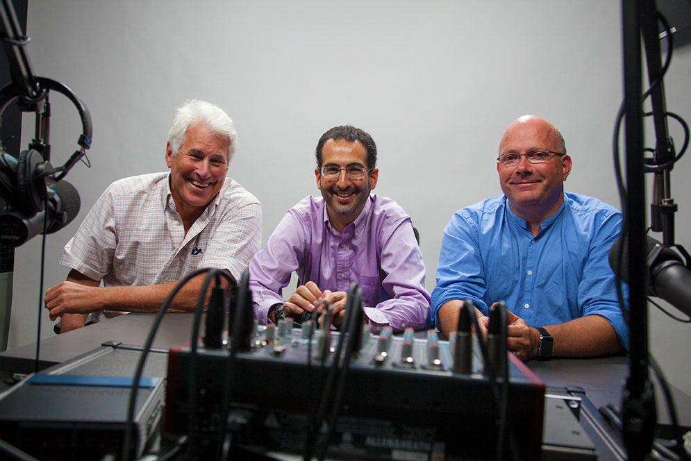 The SPH professors hosting the Free Associations podcast: are Donald Thea (from left), Matthew Fox, and Chris Gill. Photos by Nick Gooler, School of Public Health