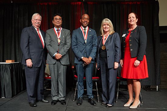 BU President Robert Brown, alumni award winners Dr. Mahesh Maskey (SPH’01), Cornell Brooks (STH’87, Hon.’15), Tipper Gore (CAS’70), and Alumni Council President Mary Perry at the Boston University Alumni Weekend Awards 2017