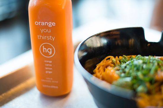 The Orange You Thirsty cold-pressed juice is one of three colorful blends the restaurant offers. 