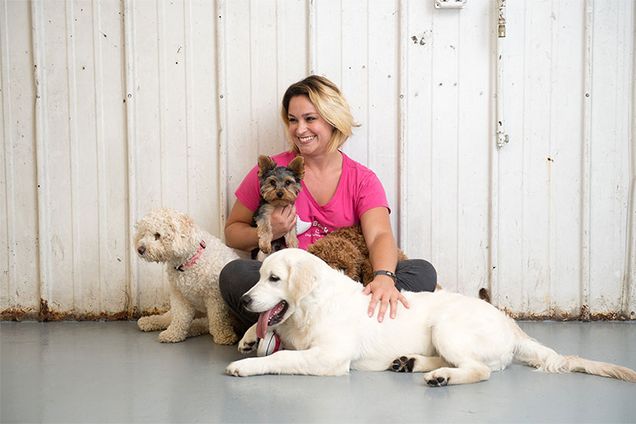 Francine Coughlin, owner of Bark n' Roll Dog Obedience School and Daycare, poses with some of her client dogs and puppies