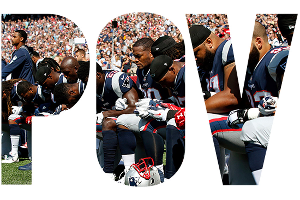 Patriots Team taking a knee courtesy of AP/Images