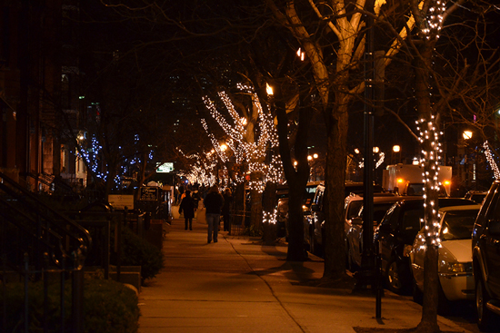 Trees lining Newbury Street are wrapped in strings of white lights. 