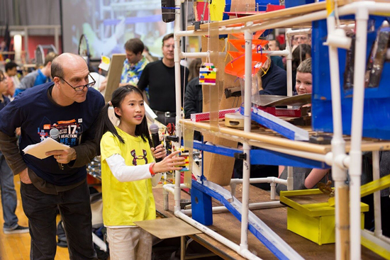 For the 20th year in a row, the MIT Museum celebrates the Friday After Thanksgiving with an enormous Rube Goldberg–style chain reaction. Photo by Samara Vise/MIT Museum