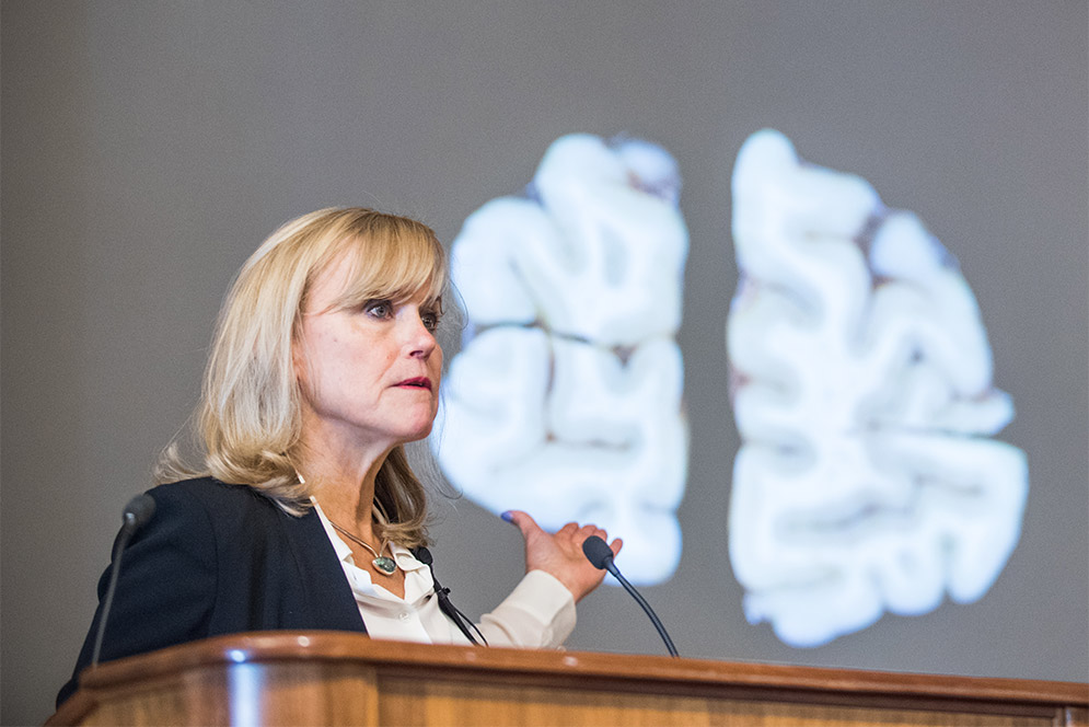 Boston University CTE expert Ann McKee speaks at a press conference showing results of research on the brain of former NFL player Aaron Hernandez who had CTE