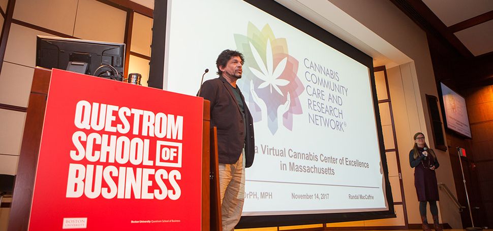 Cofounders of the start-up Cannabis Community Care and Research Network pitch their busines idea at the Cannabis Start-up Competition at the Questrom School of Business