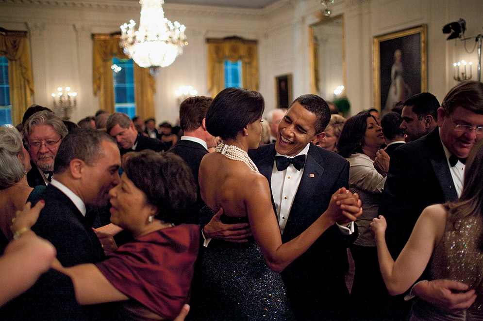 Photograph taken by official White House photographer Pete Souza of President Barack Obama and First Lady Michelle Obama at a White House dinner for US governors
