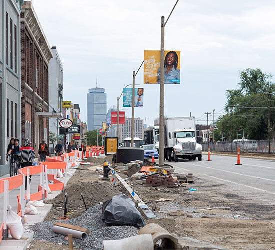 Protected bike lane construction area on Commonwealth Avenue in Boston