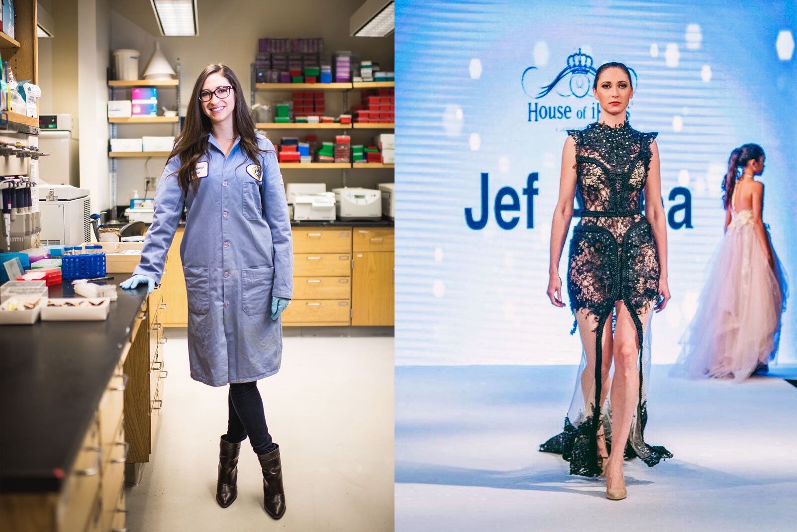 BU postdoctoral researcher Susan Finkbeiner in her lab, and on the runway during London Fashion Week in September.