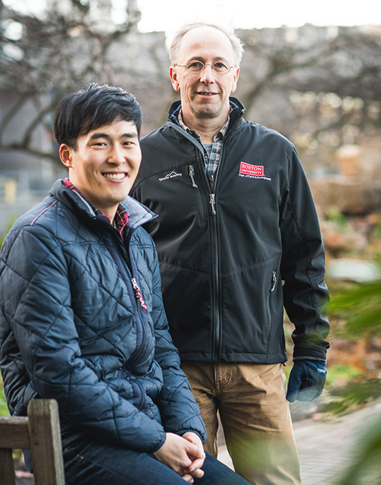 Professor of Earth & Environment, Mark Friedl (right) and doctoral candidate Minkyu Moon (GRS’24) (left)