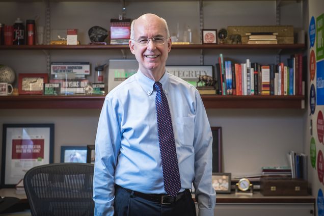 Dean of BU’s Questrom School of Business, Kenneth Freeman, pictured in his office.